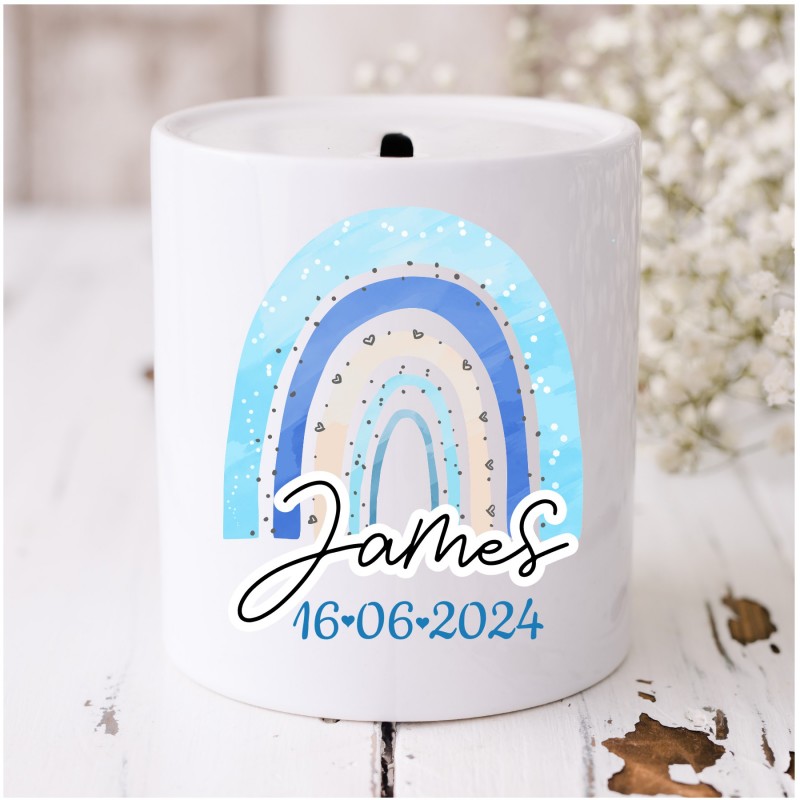 Personalised Money Box  Rainbow Blue