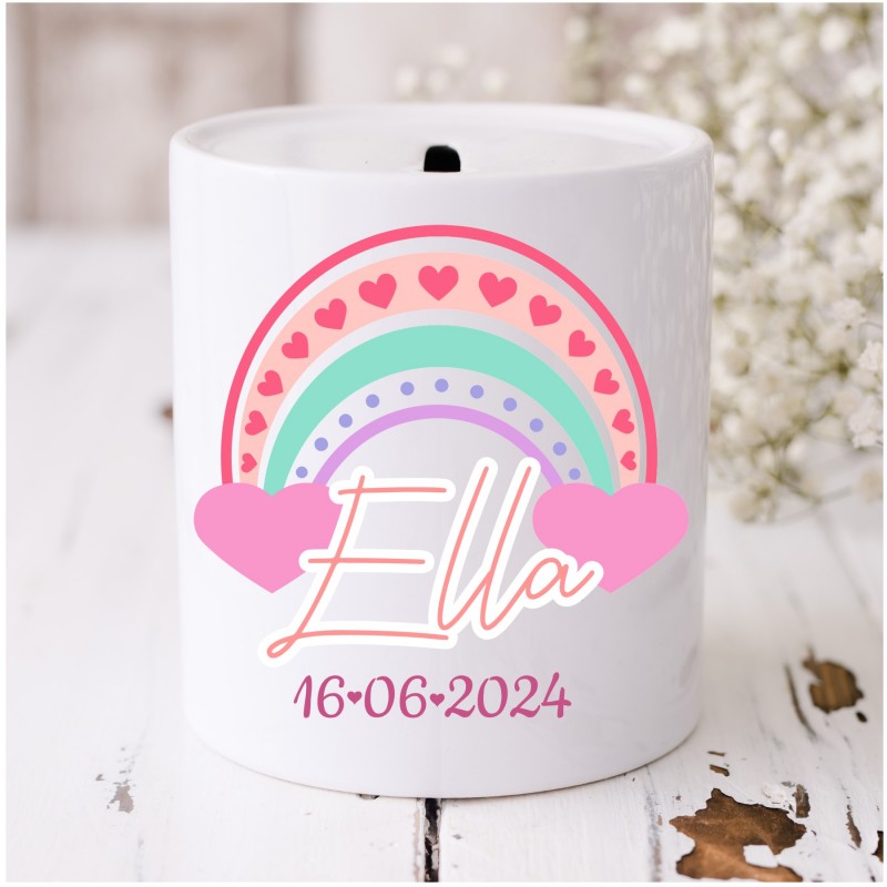 Personalised Money Box  Rainbow Pink