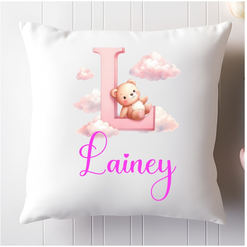 Personalised Cushion Pink Teddy Alphabet