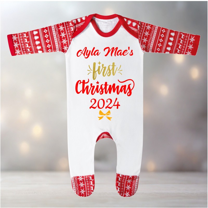 First Christmas baby grow with red...