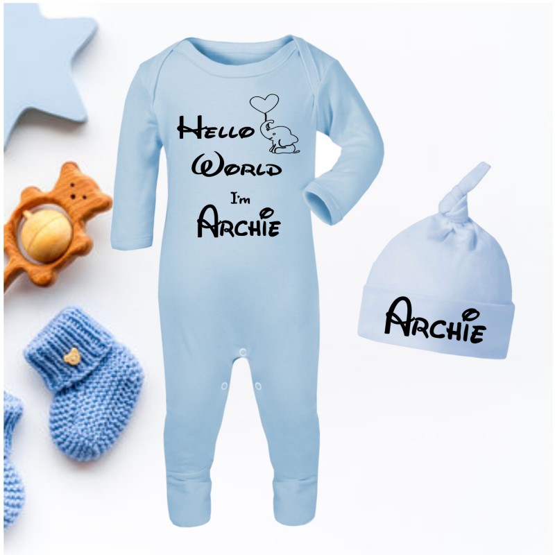 Personalised blue Baby grow and Hat set