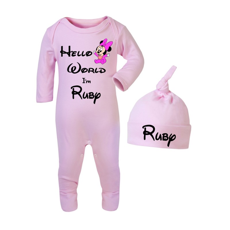 Personalised pink Baby grow and Hat set