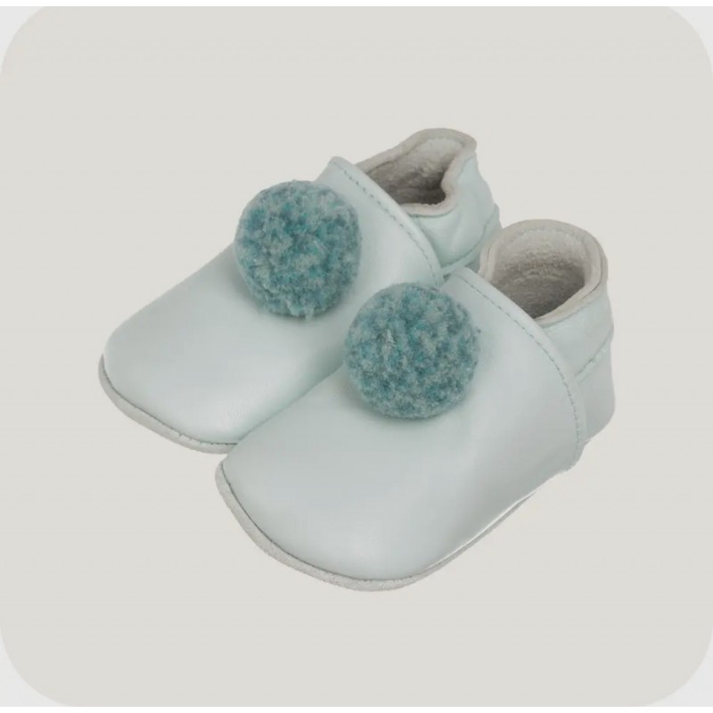 Baby Leather Slippers - Blue Pompom